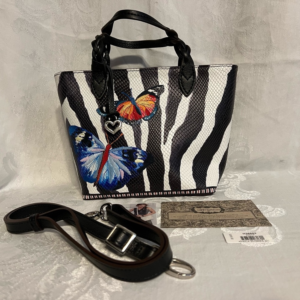 Brighton Africa Stories Zeena zebra printed snake embossed small leather tote